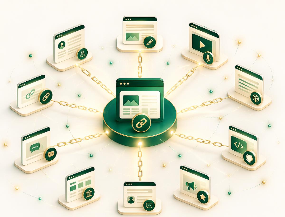 Illustration of websites connected by link chains representing a backlink network